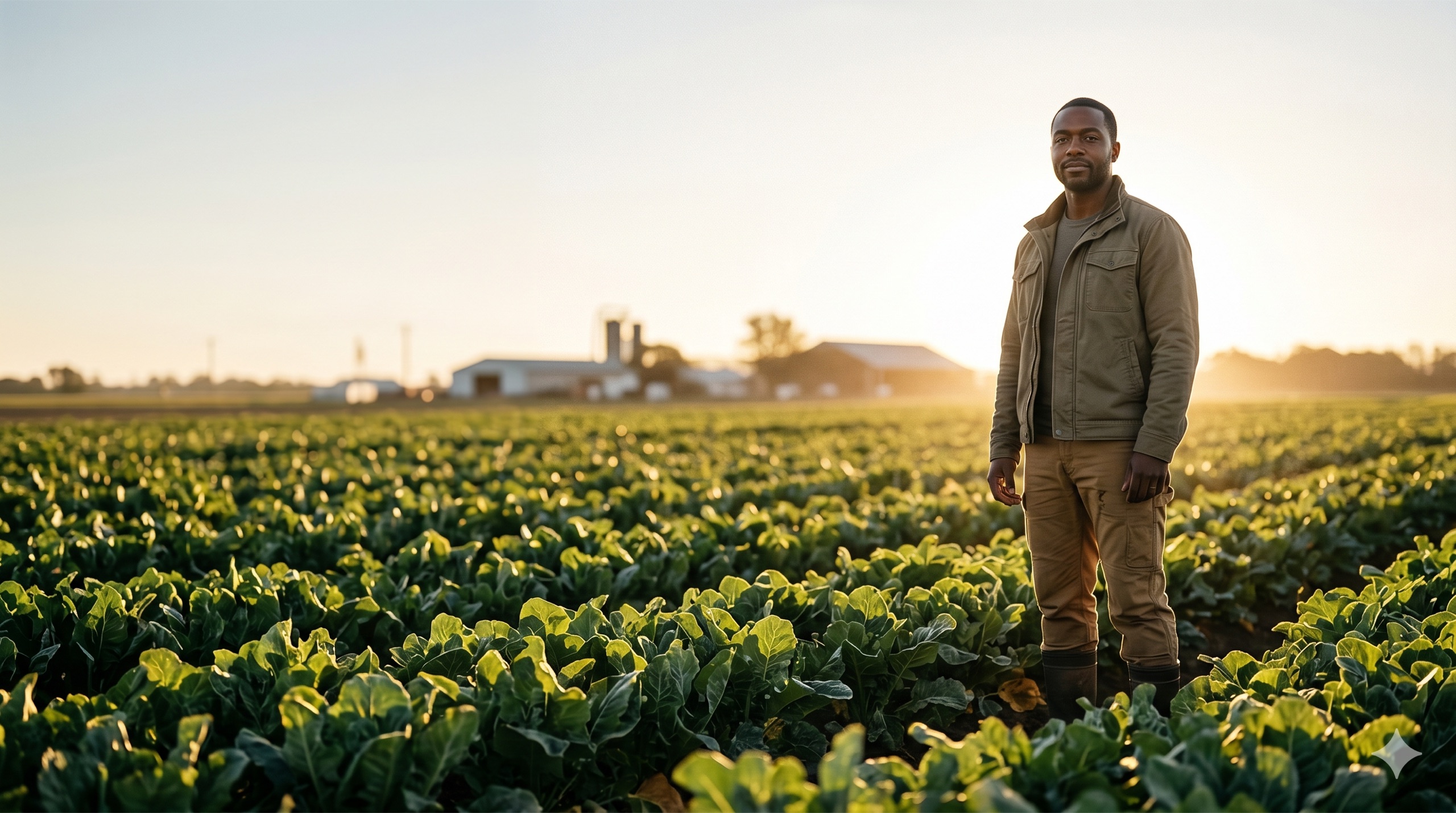 A Black farmer standing in a field of leafy greens at sunrise, with farm buildings on the horizon